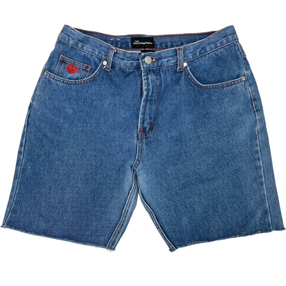 Vintage 90s Denim Shorts Cut Off Blue Red Heart Breaker Embroidered Size 13 - Picture 1 of 12